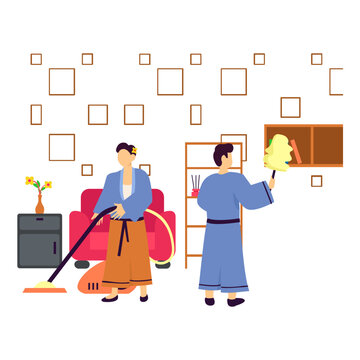 Couple cleaning their house before Lunar New Moon concept, diligently tidies up their home in preparation vector design, Chinese New Years Eve symbol, Year of the Dragon sign, China Spring Festival 