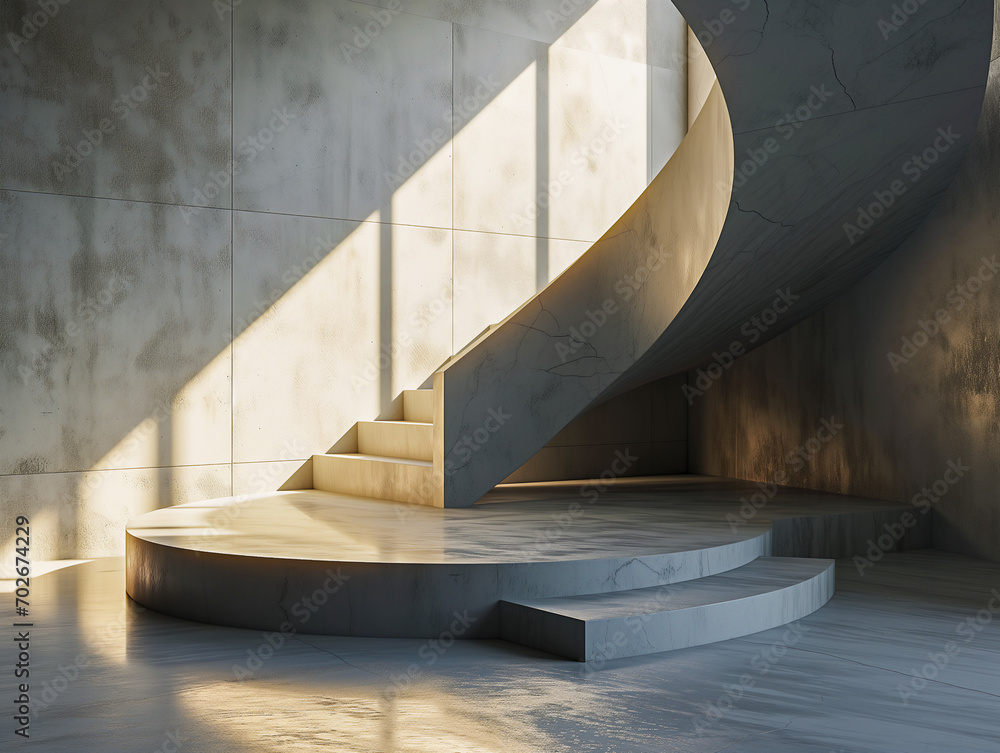 Poster 3d illustration of empty cylinder podium backdrop for product display with spiral stairs background.