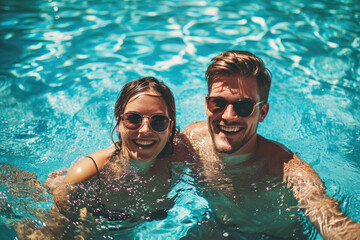 a couple has fun in the pool and enjoys the summer. Smiling and laughing