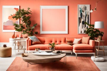 An inviting living room space with an empty white frame on a coral-colored wall, complemented by sleek and colorful furniture.