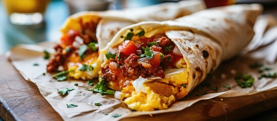 Spicy chorizo and egg in a breakfast burrito - obrazy, fototapety, plakaty