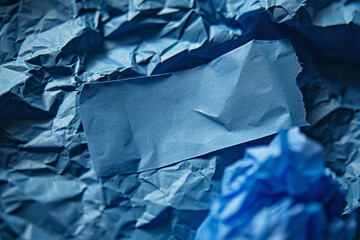 Blank blue crumpled torn paper piece on wrinkled blue paper background. Small horizontal ripped paper sheet with copy space. Top view