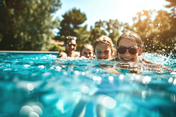 Happy family has fun in the pool and enjoys the summer. Smiling and laughing - obrazy, fototapety, plakaty
