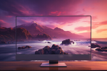 An artistic 3D image of a computer monitor, with pastel-toned screensaver.