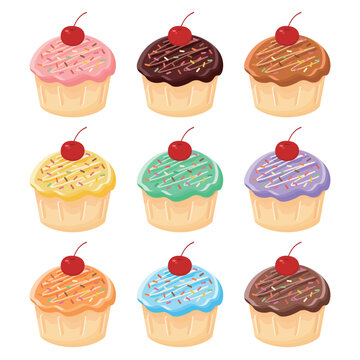 Collection of colorful cupcakes with cherries vector illustration on white background. Different cupcake flavors include chocolate, strawberry, caramel, mint, orange, lemon, soda, grape and coffee.