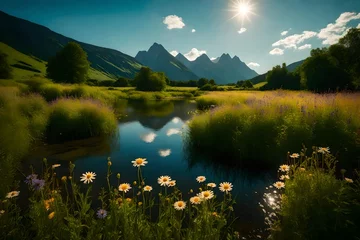 Fotobehang A peaceful meadow with a gentle river, surrounded by wildflowers and the sounds of nature. © NUSRAT ART