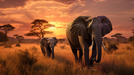 elephants in the savanna at sunrise - obrazy, fototapety, plakaty