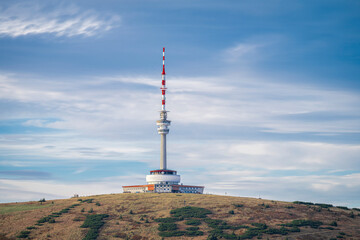Praded transmitter and hotel in summer evening, Jeseniky, Czech Republic