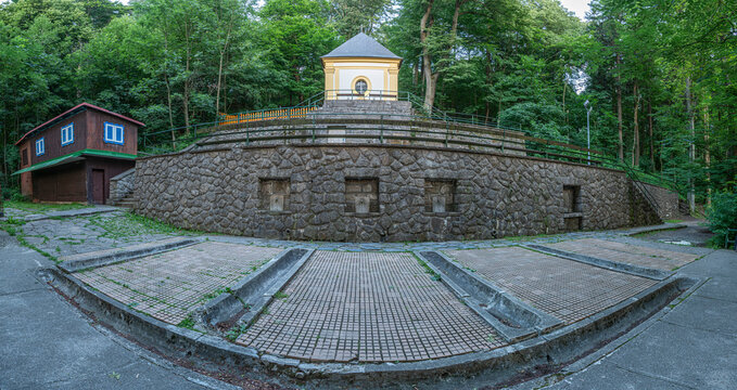 Panorama of water chapel in summer evening, Hostyn, Czech Republic