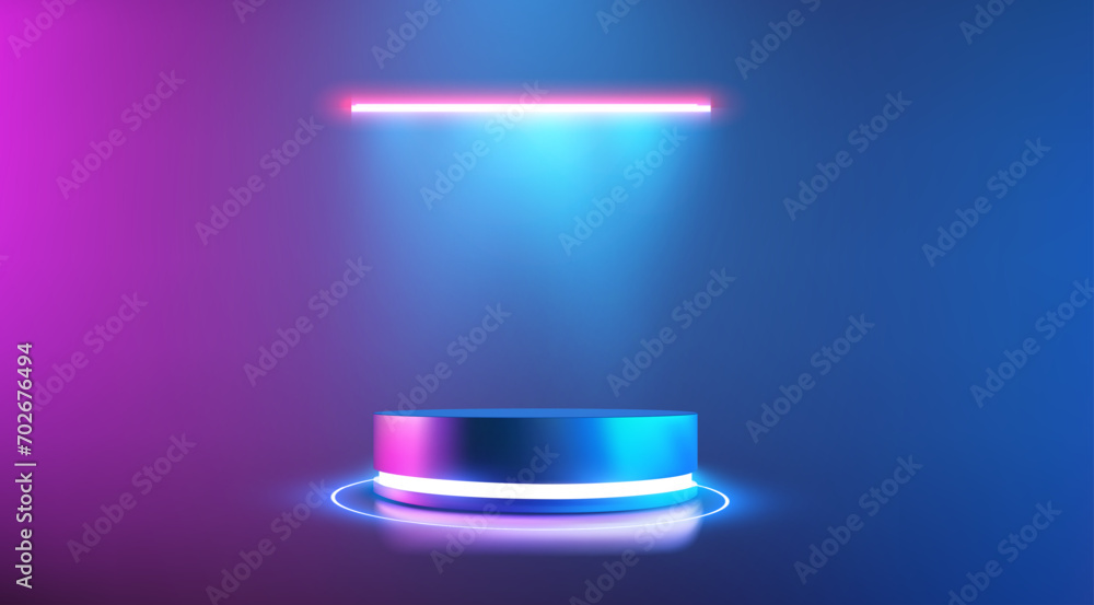 Poster glowing neon stage with futuristic pedestal on gradient background for product display. shop promoti
