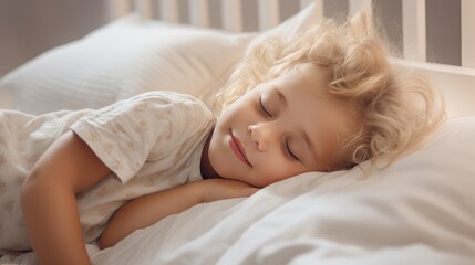 A little girl with blonde hair sleeps on a bed with a soft toy bear in her arms. A child's sweet sleep