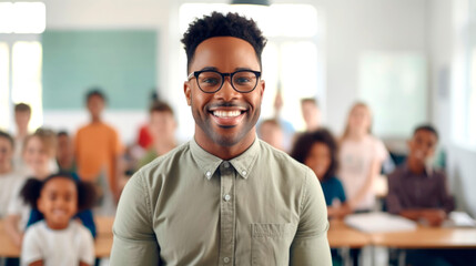 Portrait of a smiling African American male teacher, with students in the background. AI generated.