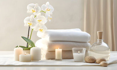 Fototapeta na wymiar Spa set on white table, including beauty and fashion items. Spa towel with candle, plumeria, and tree also on table. with free space for text