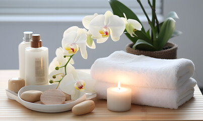 Spa set on white table, including beauty and fashion items. Spa towel with candle, plumeria, and...