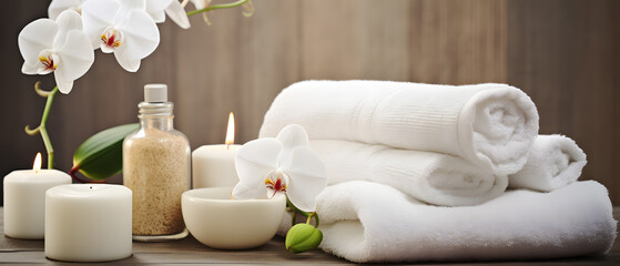 Obraz na płótnie Canvas Spa set on white table, including beauty and fashion items. Spa towel with candle, plumeria, and tree also on table. with free space for text