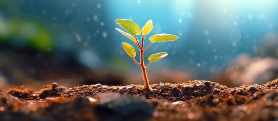 One small plant growing well in the ground, Earth day concept. Renewable energy for the future. Sustainable resources. orange, green, blue light - obrazy, fototapety, plakaty