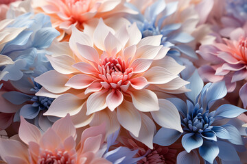 A 3D depiction of a pastel-colored chrysanthemum, with intricate petals gently layered.