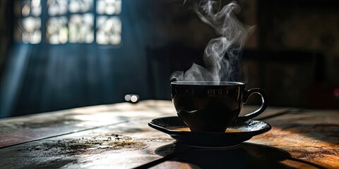 Steamy delight. Dark espresso cup on wooden table with aromatic hot coffee. Caffeine elegance. Vintage mug emitting steam on black background. Morning brew - obrazy, fototapety, plakaty