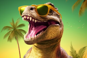 dinosaur in sunglasses on the background of palm trees. 3d render