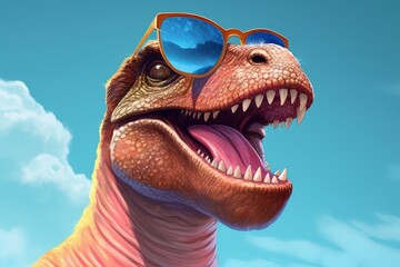dinosaur with sunglasses on blue sky background. 3d illustration.