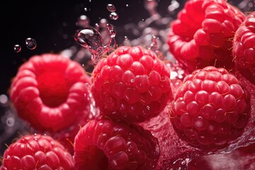 Fresh delicious raspberries tantalizing  water splash red and black background