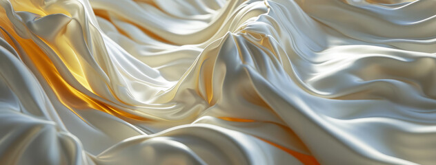 Abstract white luxurious wavy fabric satin silk background. Beautiful background luxury cloth with drapery and wavy folds of ivory color creased smooth silk satin material texture - obrazy, fototapety, plakaty