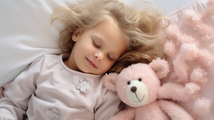 A little girl with blonde hair sleeps on a bed with a soft toy bear in her arms. A child's sweet sleep