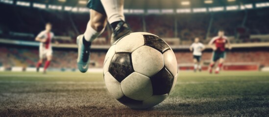 Soccer player's feet kick the soccer ball for kick - off in the stadium