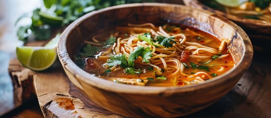 Classic Mexican noodle soup served in wooden bowl