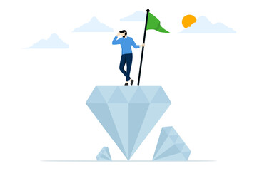 concept of quality, value or excellence. businessman holding a victory flag on a valuable high value diamond. Value proposition, marketing that benefits customers to buy products and services.