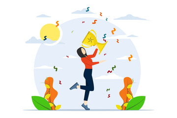 concept of winning a prize or trophy, celebrating work achievement, success or victory, challenge in business competition, businesswoman holding a winning trophy jumping high for celebration.