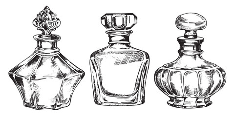 set of bottles with perfume, vector drawing in sketch style. vintage bottles - obrazy, fototapety, plakaty