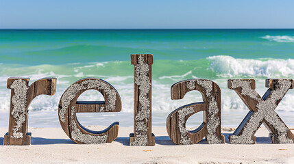 Fototapeta premium 'Relax' Spelled in Wooden Letters Against Tranquil Beach
