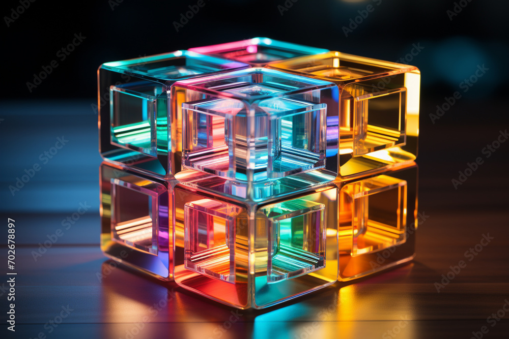 Aufkleber an abstract 3d cube, rotating gently, with each face changing color subtly.