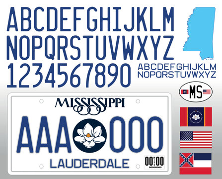 Mississippi US state car license plate new pattern 2024 with letters, numbers and symbols, vector illustration, USA