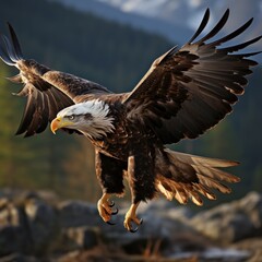 Photo of a majestic and imposing bald eagle in flight. Generative AI
