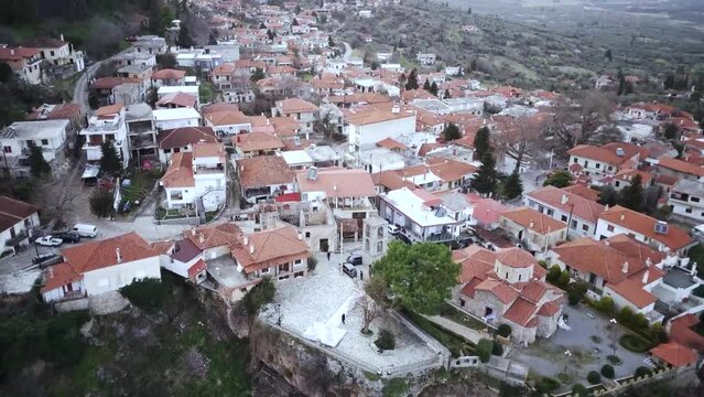 Drone shot of Tithorea village at sunset in the municipality of Amfikleia-Elateia, Phthiotis, Greece