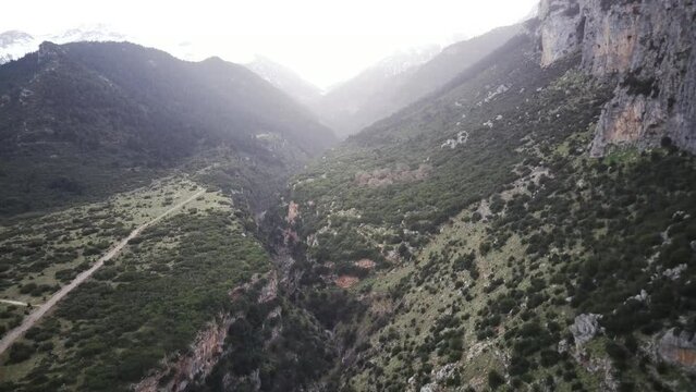 Drone footage of Velitsa Gorge near Tithorea municipality at sunset in Phthiotis, Greece