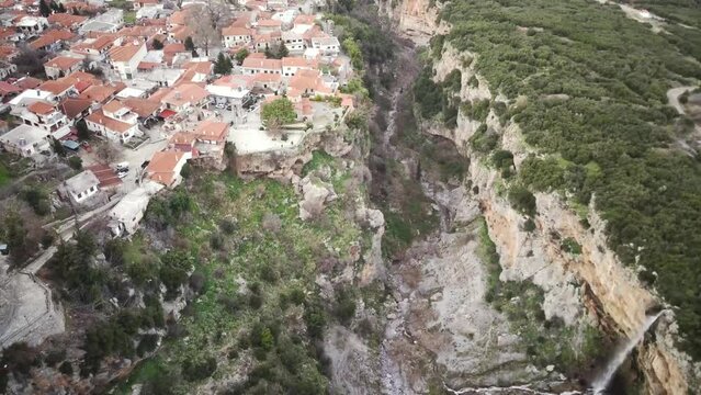 High drone footage of Tithorea municipality on Velitsa Gorge during daytime in Phthiotis, Greece
