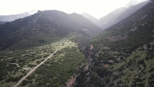 Drone footage of Velitsa Gorge near Tithorea municipality at sunset in Phthiotis, Greece
