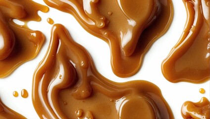 Smooth caramel sauce smears on a plain white background.