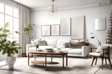 Fototapeta na wymiar An elegant white-walled living room featuring an empty frame hanging over a sleek wooden console table and modern armchair.