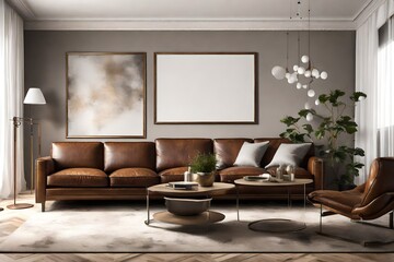 Fototapeta na wymiar A contemporary living room setting with a blank frame on the wall, complementing a leather sectional sofa and metallic accents.