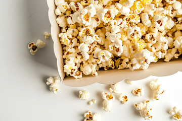 Popcorn in paper box, top view, white background