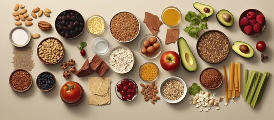 Groups of foods with high dietary fiber content are arranged side by side on a marble table - obrazy, fototapety, plakaty