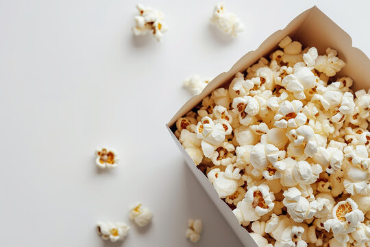 Popcorn in paper box, top view, white background