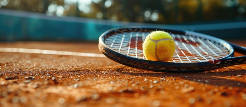 Closeup of the yellow tennis ball and racket on clay court.