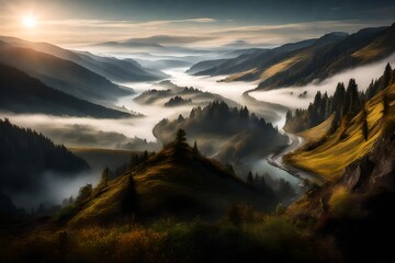 A dense fog rolling over a tranquil valley, partially obscuring a meandering river below.