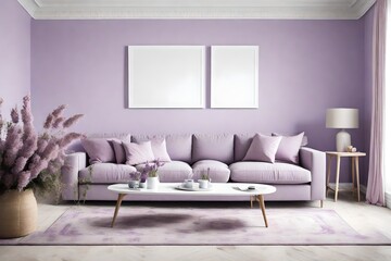 A serene living room with an empty white frame above a comfortable gray sofa, set against a backdrop of pale lavender walls.