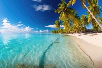 Fototapeta premium A panoramic view of a tropical beach with turquoise waters and palm trees 